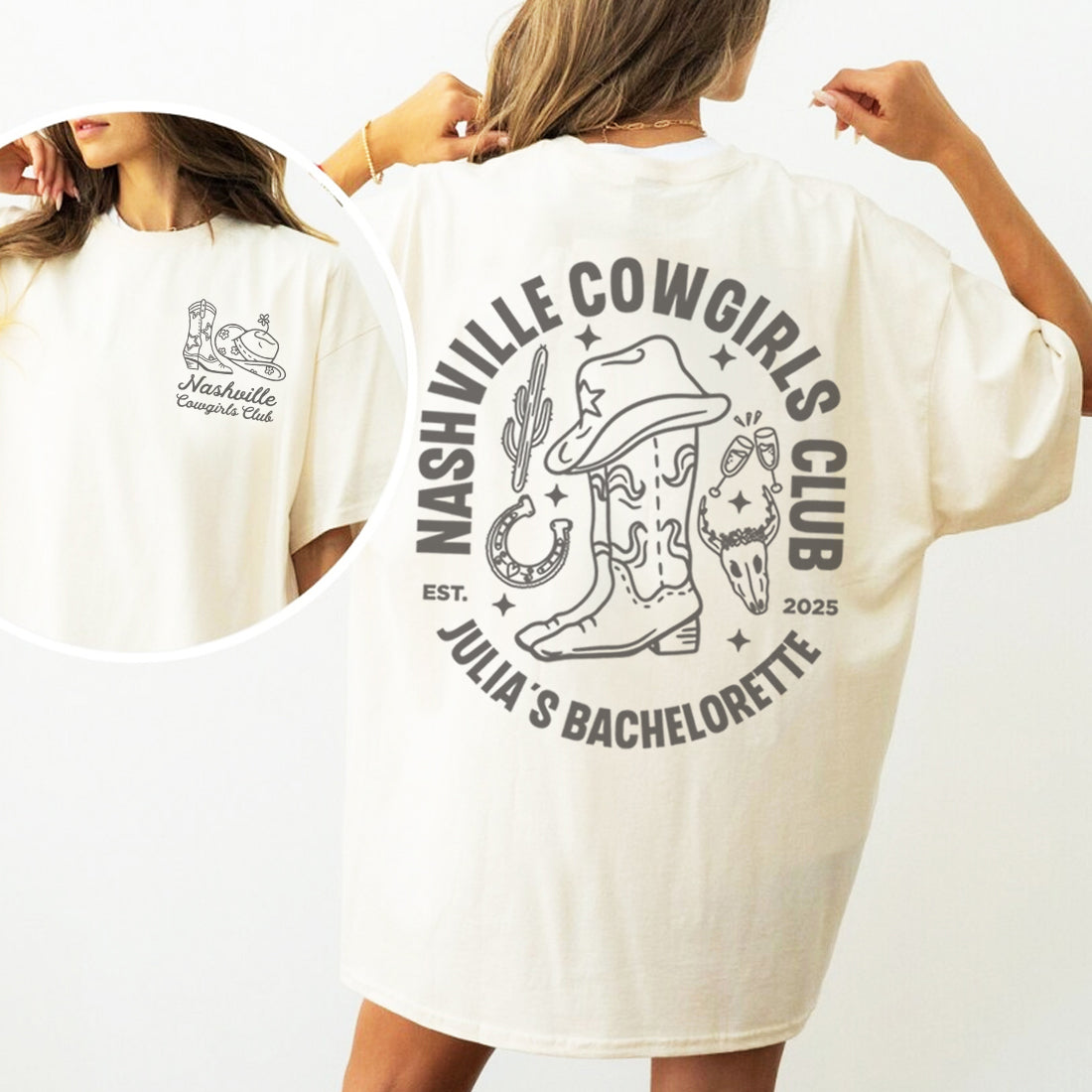 White bachelorette t-shirt with 'Nashville Cowgirls Club' design on a white background