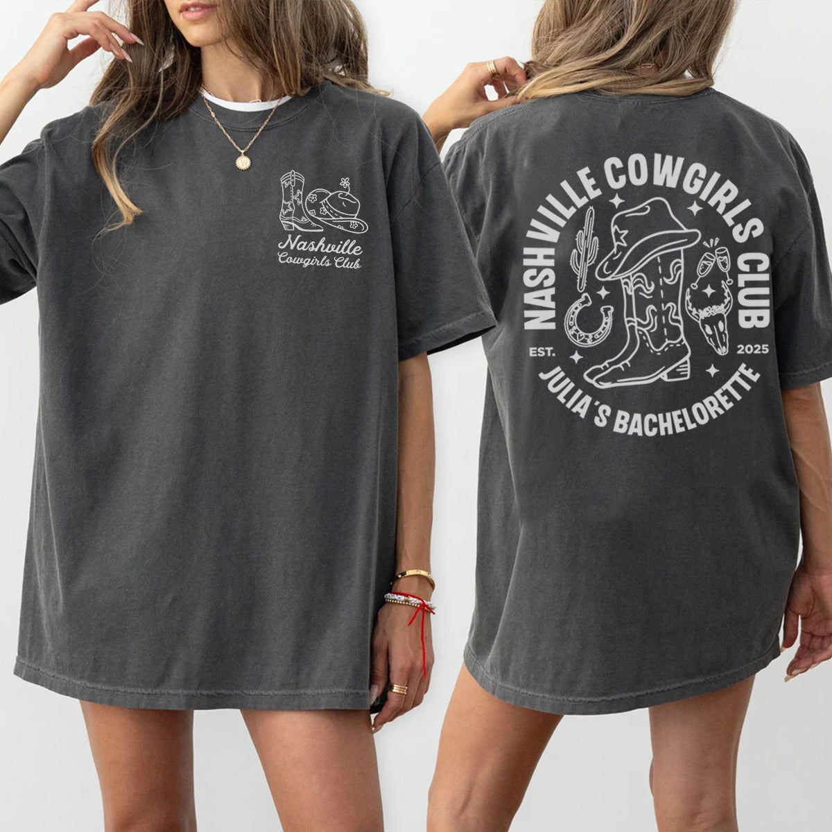 Gray bachelorette t-shirt with 'Nashville Cowgirls Club' design on front and back, worn by a person.