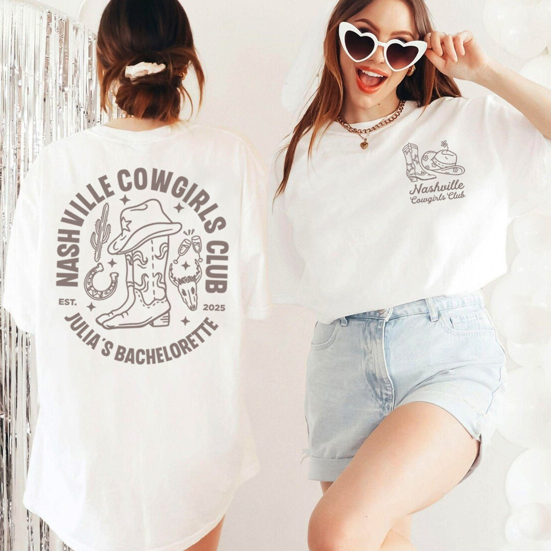 Two women wearing bachelorette t-shirts with 'Nashville Cowgirls Club' designs on a white background.