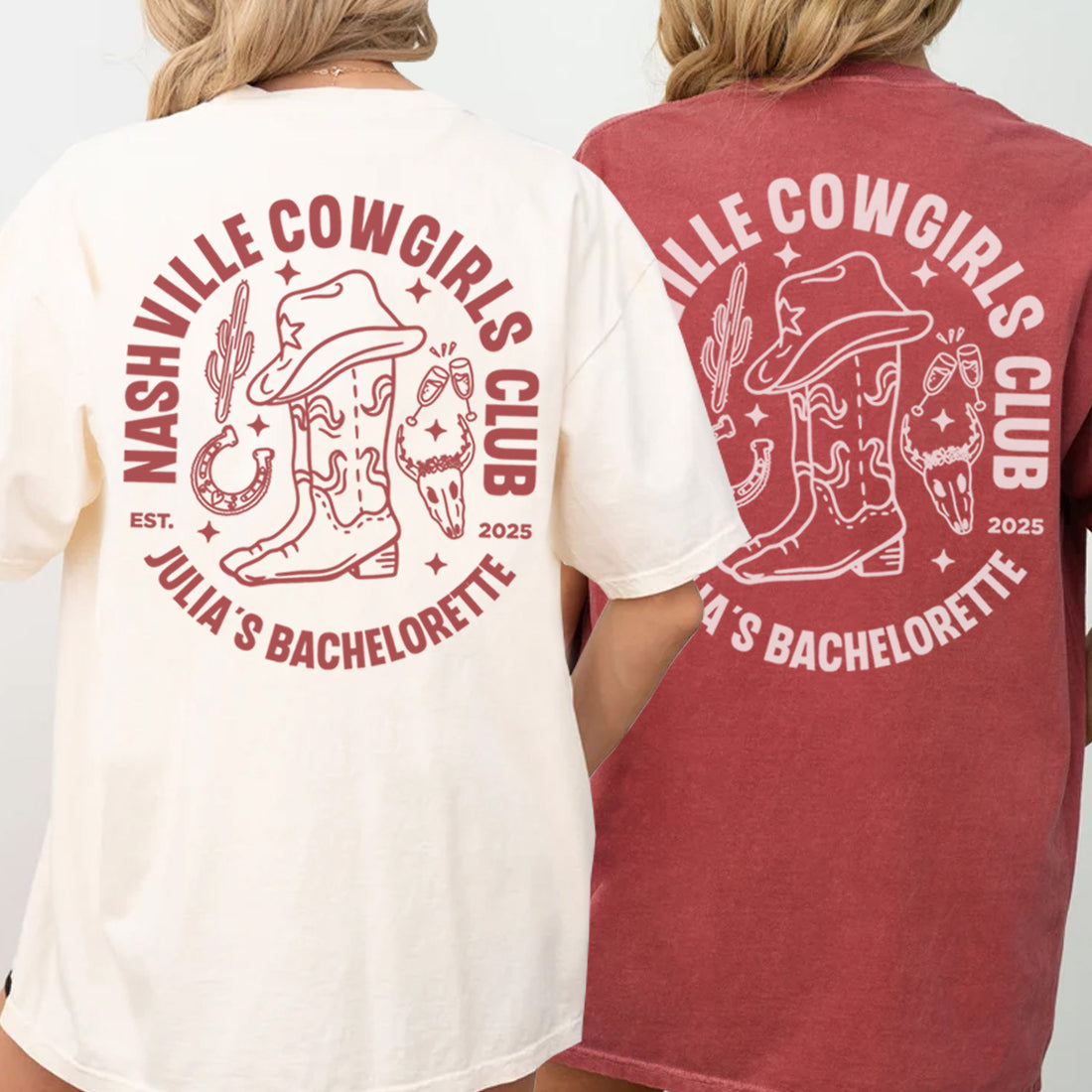 Two bachelorette t-shirts with 'Nashville Cowgirls Club' design on the back, one white and one red.