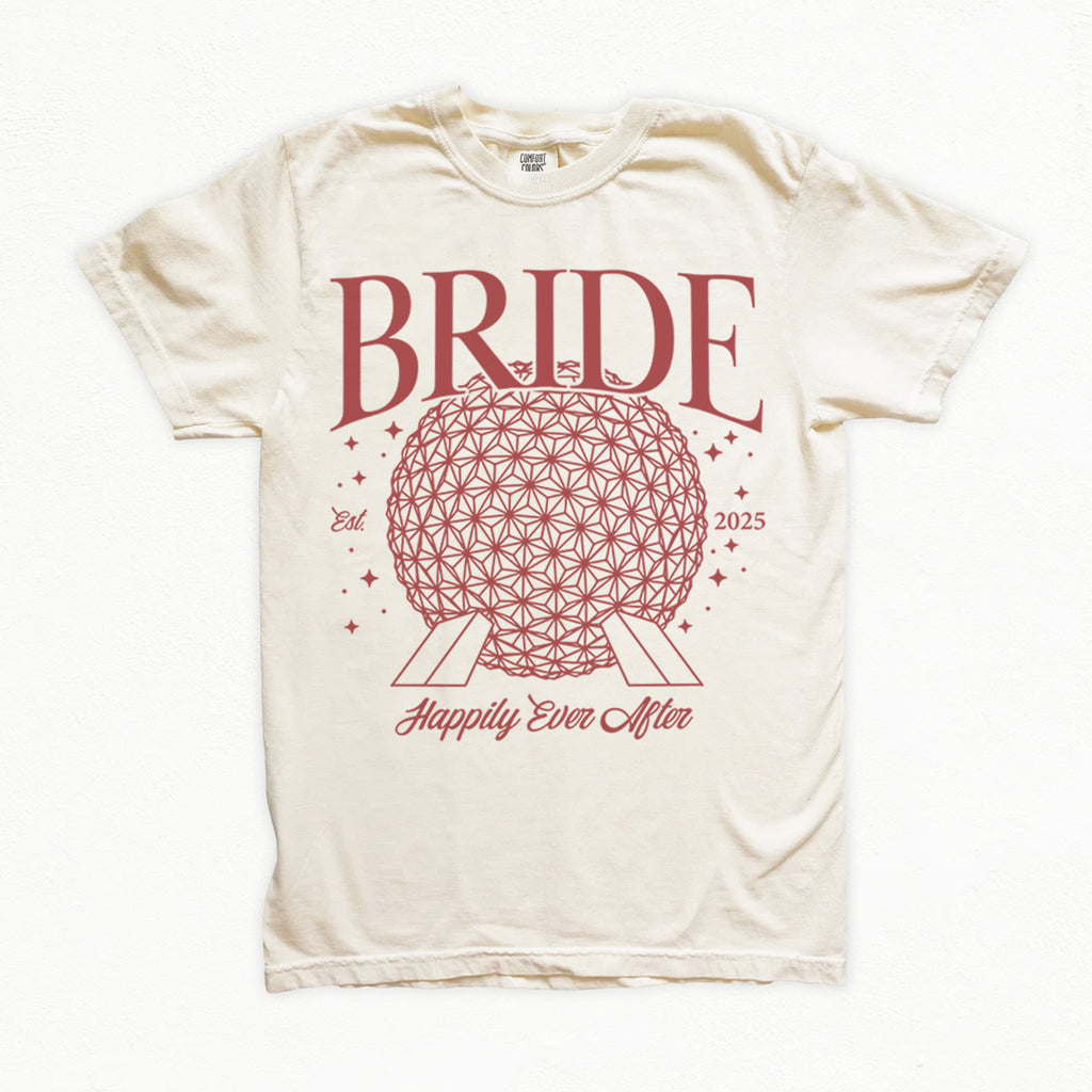 Beige bachelorette t-shirt with red 'BRIDE' design and text on a white background