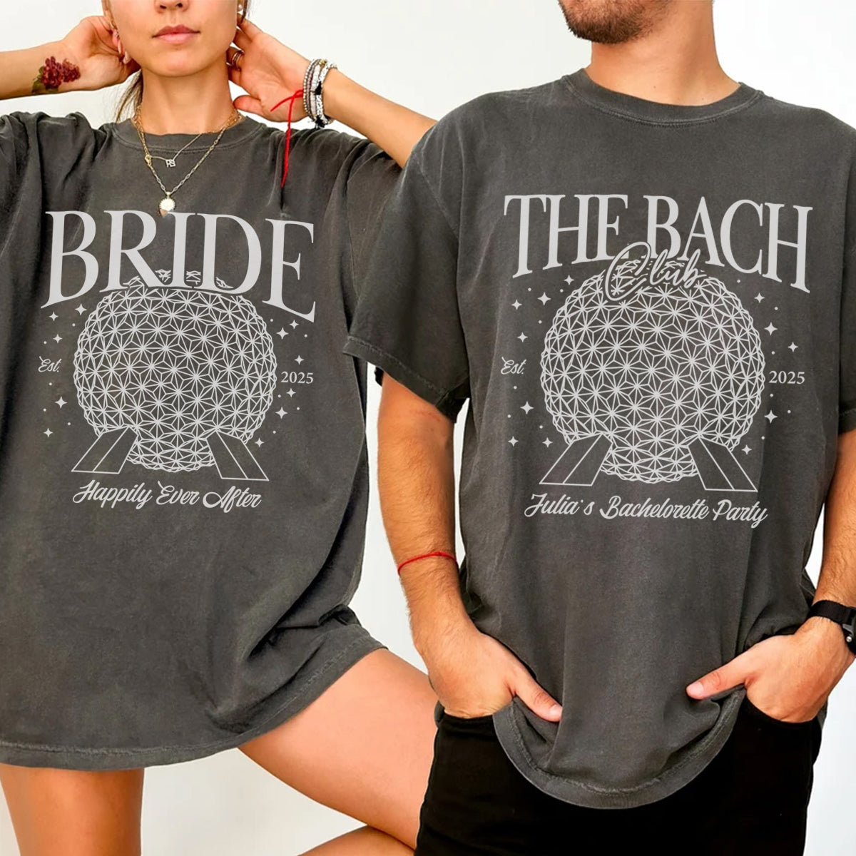Two people wearing matching dark gray bachelorette t-shirts with 'BRIDE' and 'THE BACH Club' text and design.