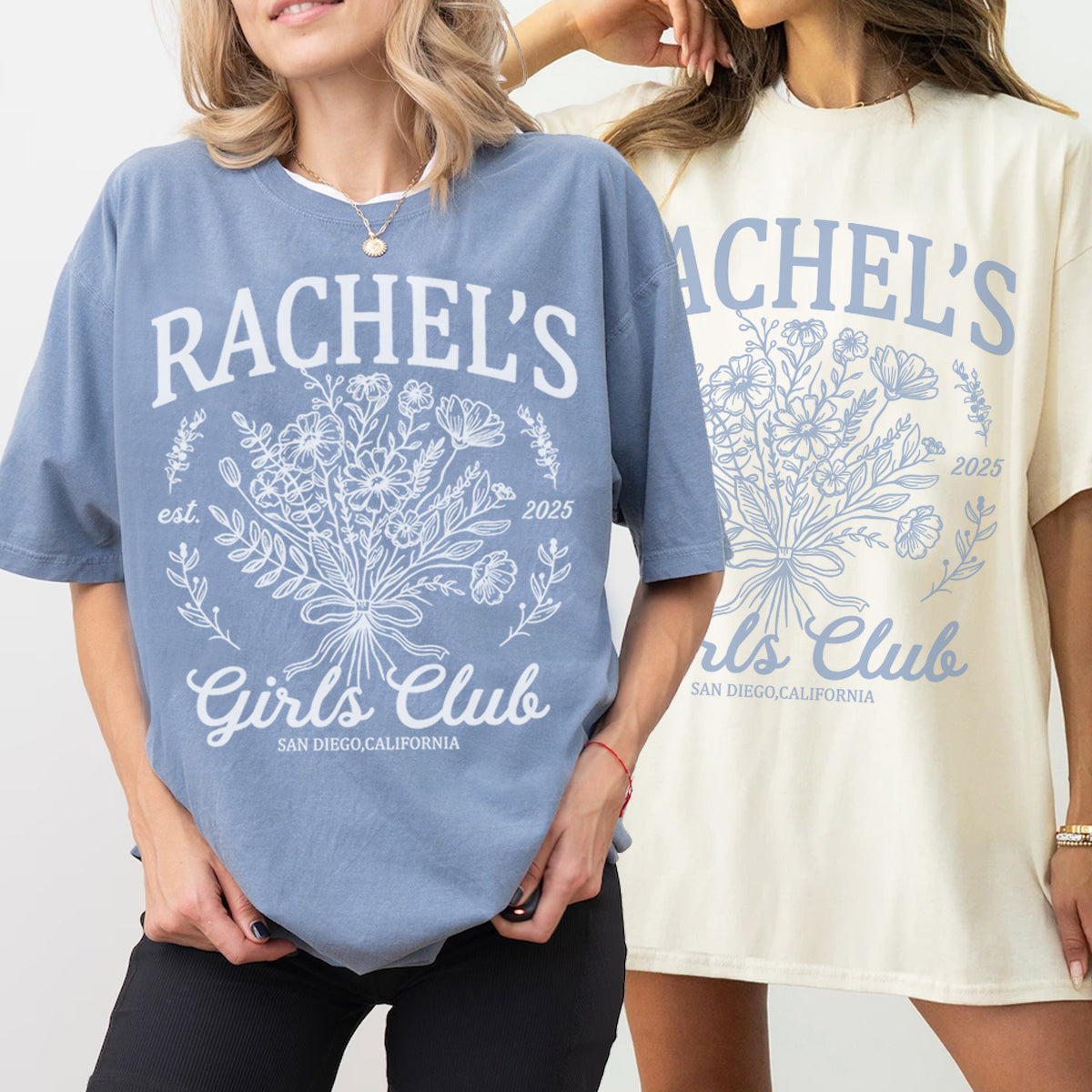 Two people wearing bachelorette t-shirts with 'RACHEL'S Girls Club' design on a plain background