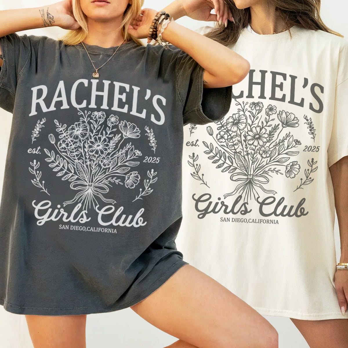 Two people wearing bachelorette t-shirts with 'Rachel's Girls Club' design on a plain background