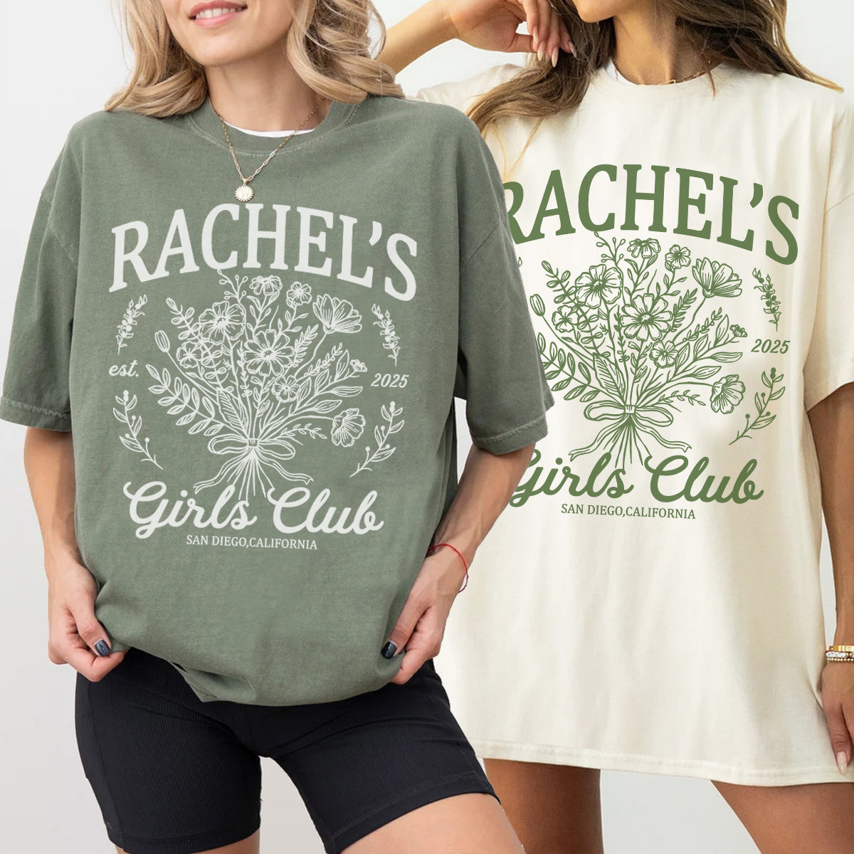 Two people wearing bachelorette t-shirts with 'Rachel's Girls Club' design on a plain background