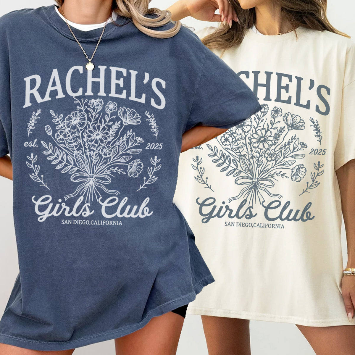 Two bachelorette shirts with 'Rachel's Girls Club' design on a plain background