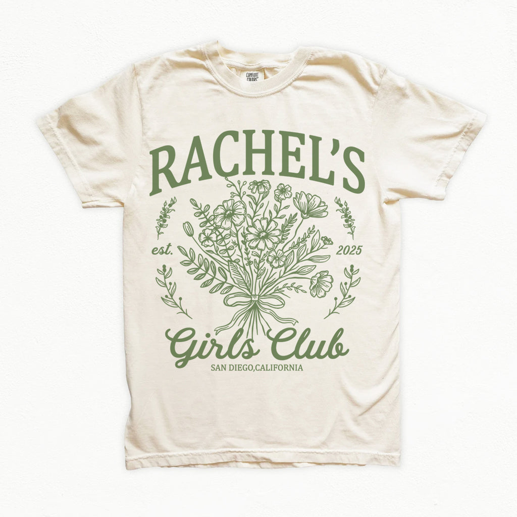 White bachelorette t-shirt with green floral design and text on a white background