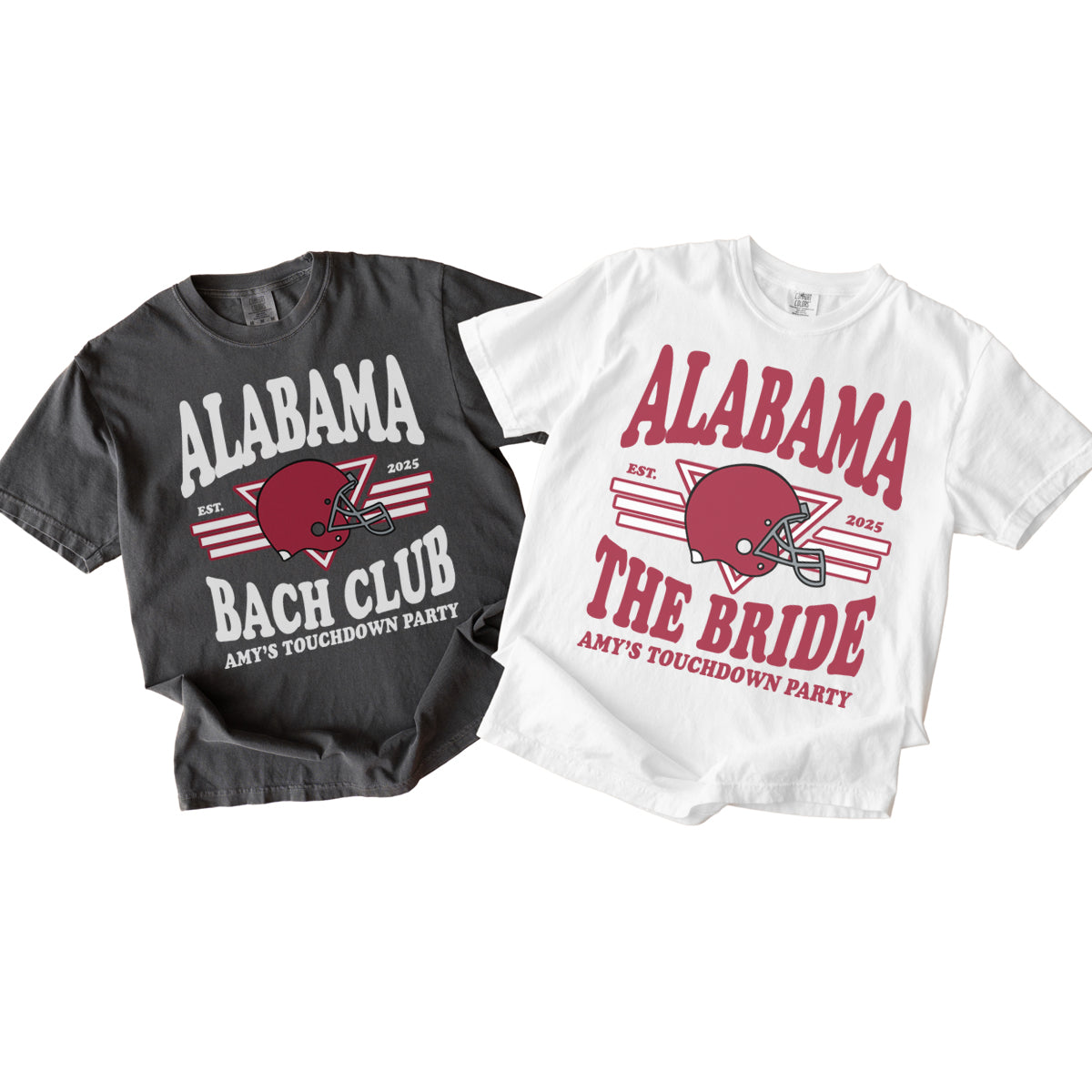 Two bachelorette t-shirts with 'Alabama' and football-themed text on a white background