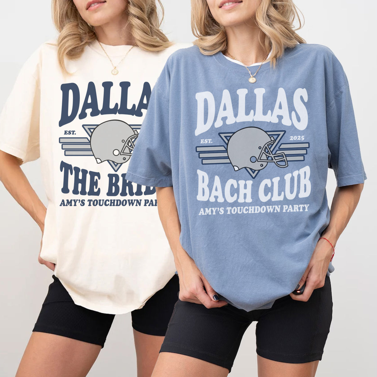 Two people wearing 'Dallas Bach Club' bachelorette t-shirts with a football helmet graphic on a plain background.