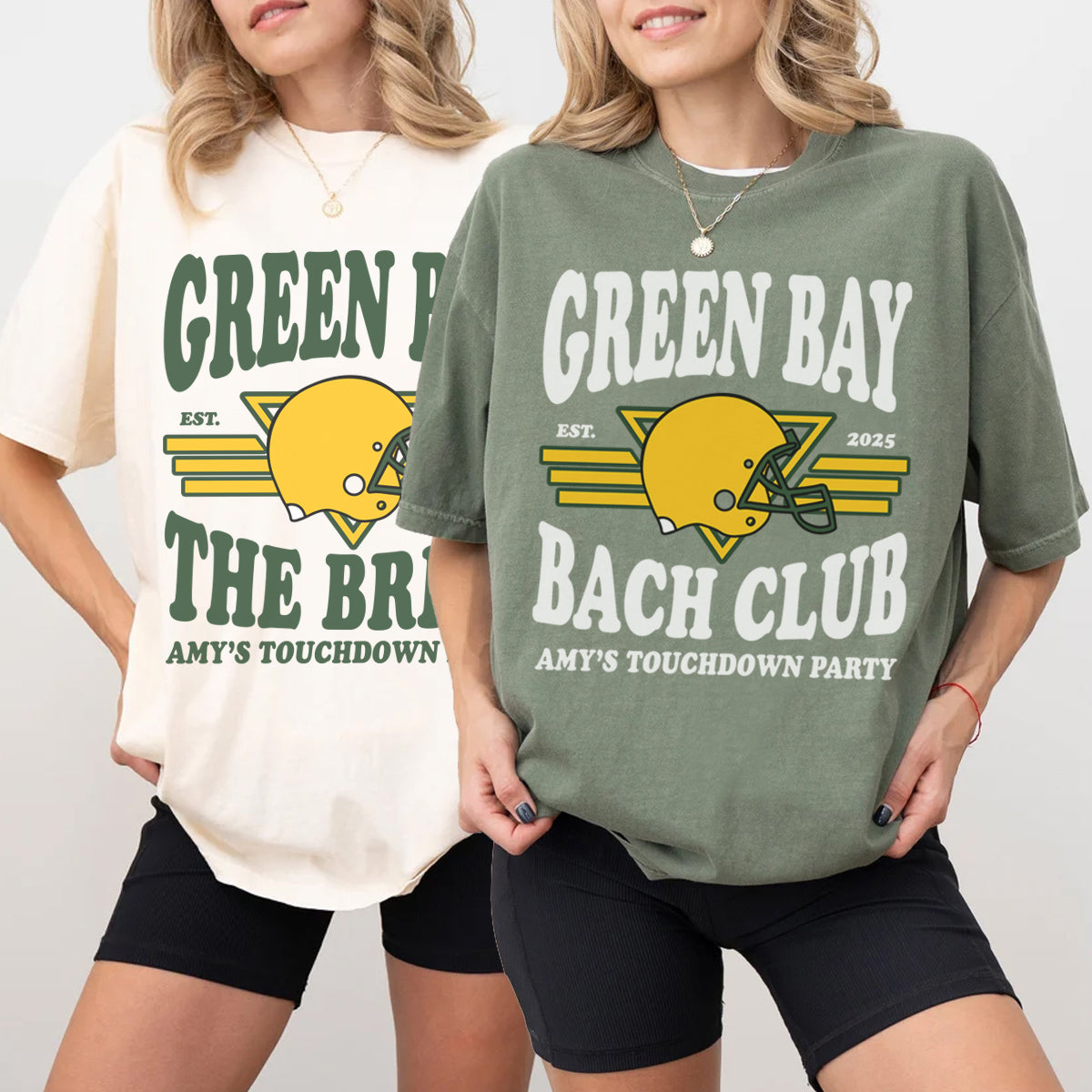 Two people wearing bachelorette t-shirts with 'Green Bay' and 'Bach Club' text on a plain background