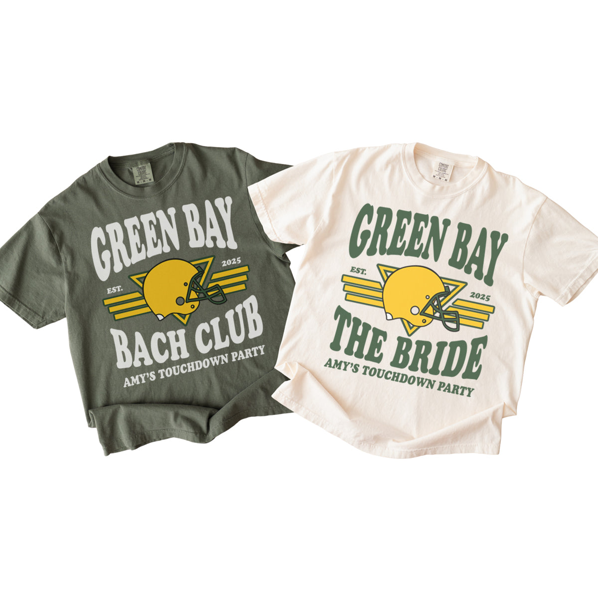 Two bachelorette t-shirts with 'Green Bay' and football helmet design on a white background