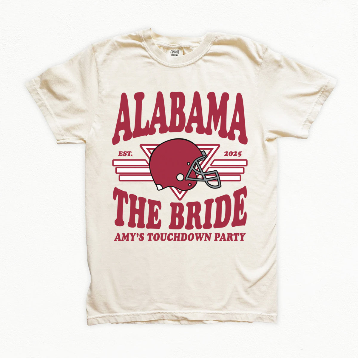 White bachelorette t-shirt with red 'Alabama' text and football helmet graphic on a white background