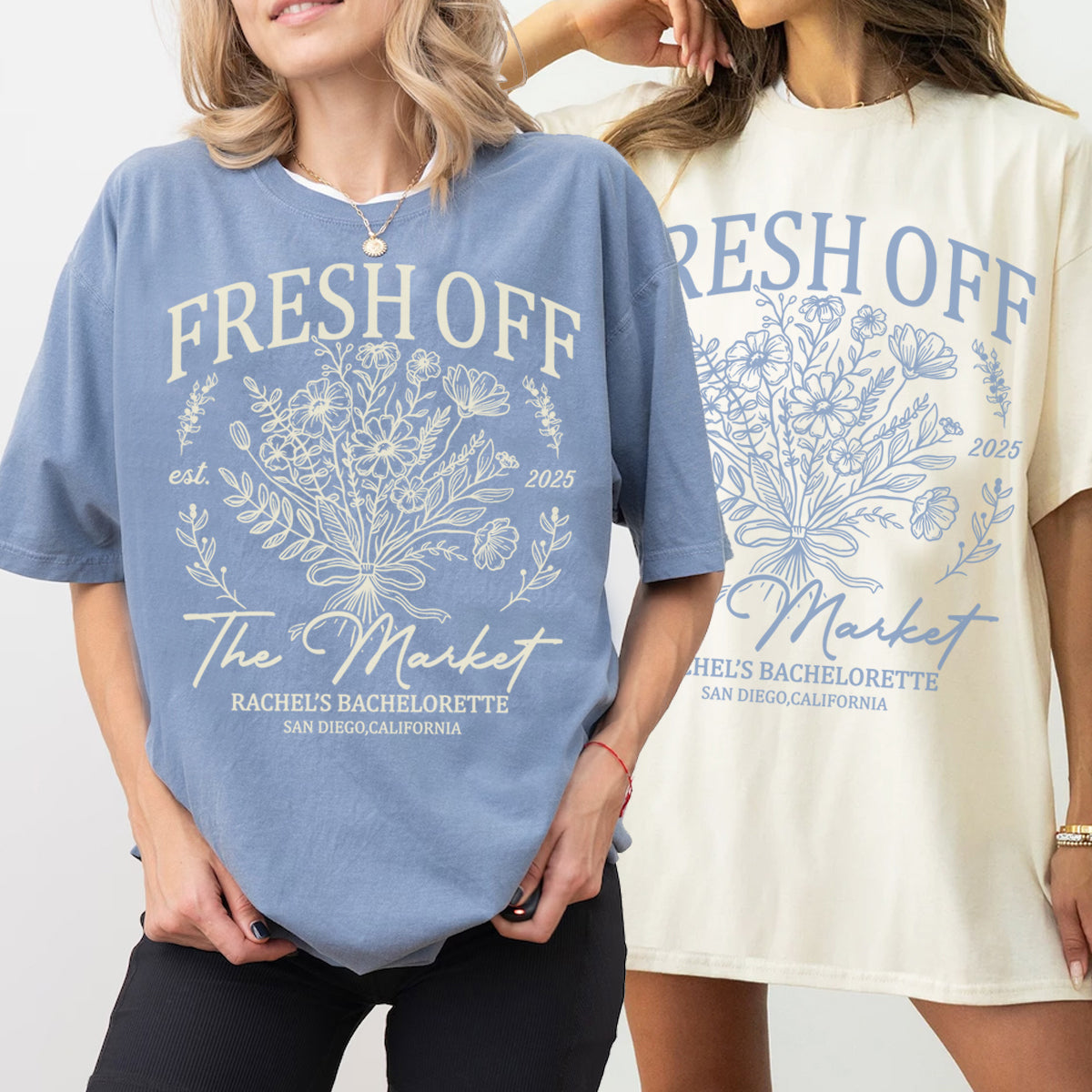 Two people wearing bachelorette t-shirts with 'Fresh Off The Market' text and floral designs.