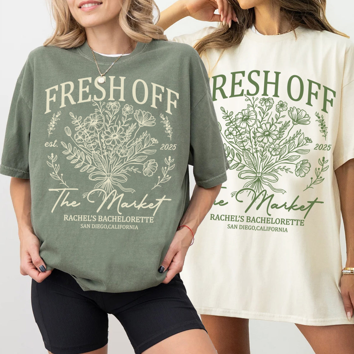 Two people wearing bachelorette t-shirts with 'Fresh Off The Market' design and text.