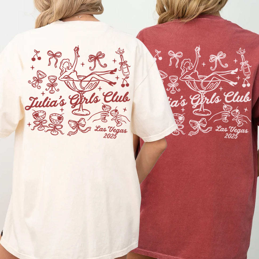 Two bachelorette t-shirts with 'Julia's Girls Club Las Vegas 2023' design on the back, one white and one red.