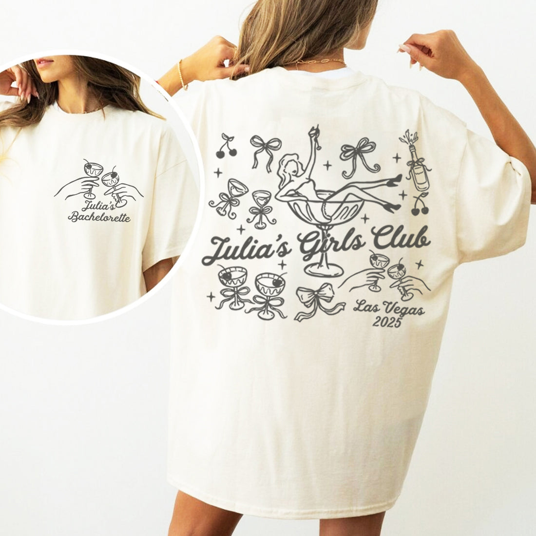 White bachelorette t-shirt with 'Julia's Girls Club Las Vegas 2025' design on a white background