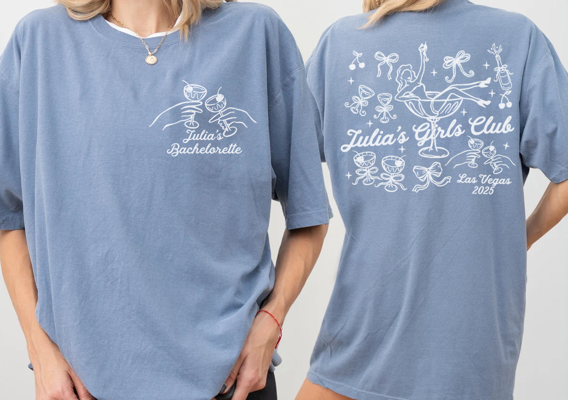 Two blue bachelorette t-shirts with white graphics and text, one on the front and one on the back, worn by a person.