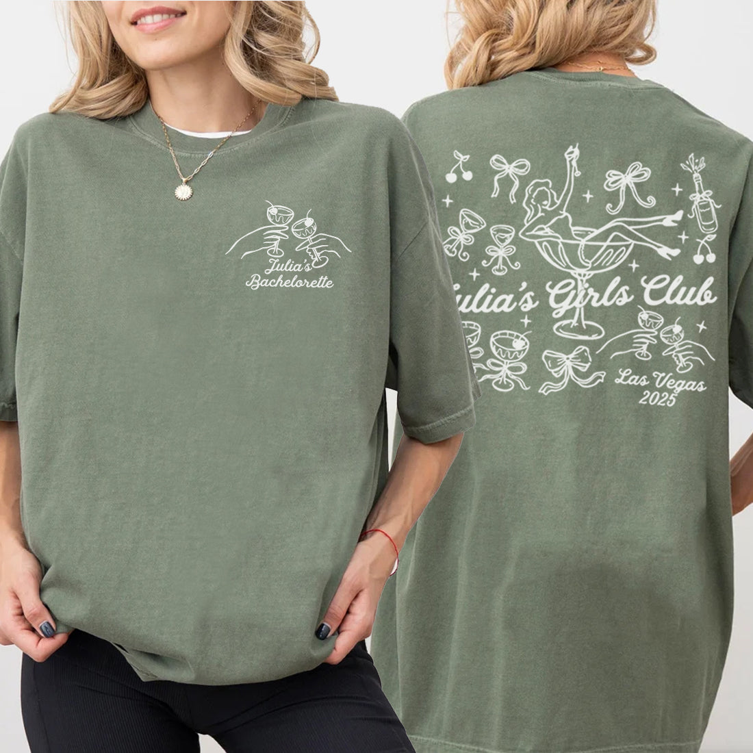 Green bachelorette t-shirt with 'Julia's Girls Club Las Vegas 2022' design on front and back worn by a person.