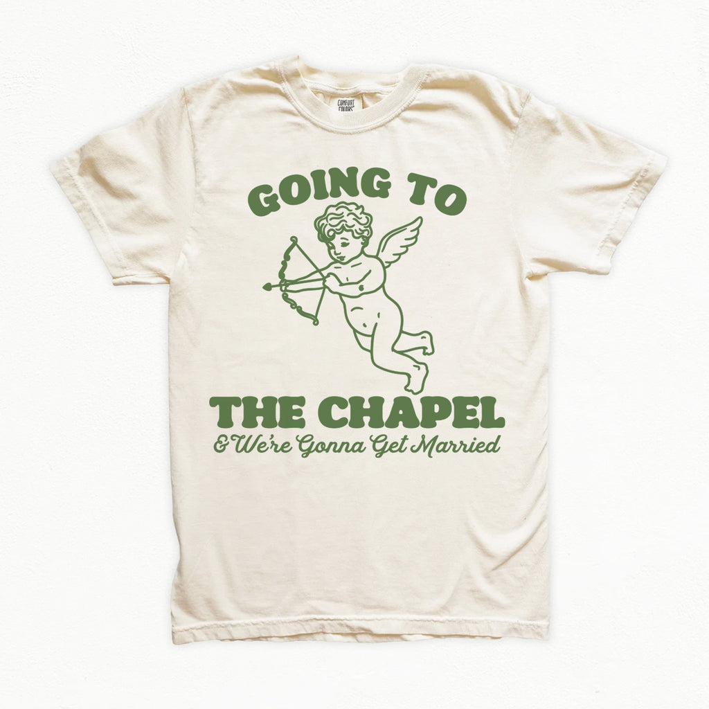 Beige bachelorette t-shirt with green graphic and text 'Going to the Chapel & We're Gonna Get Married' on a white background