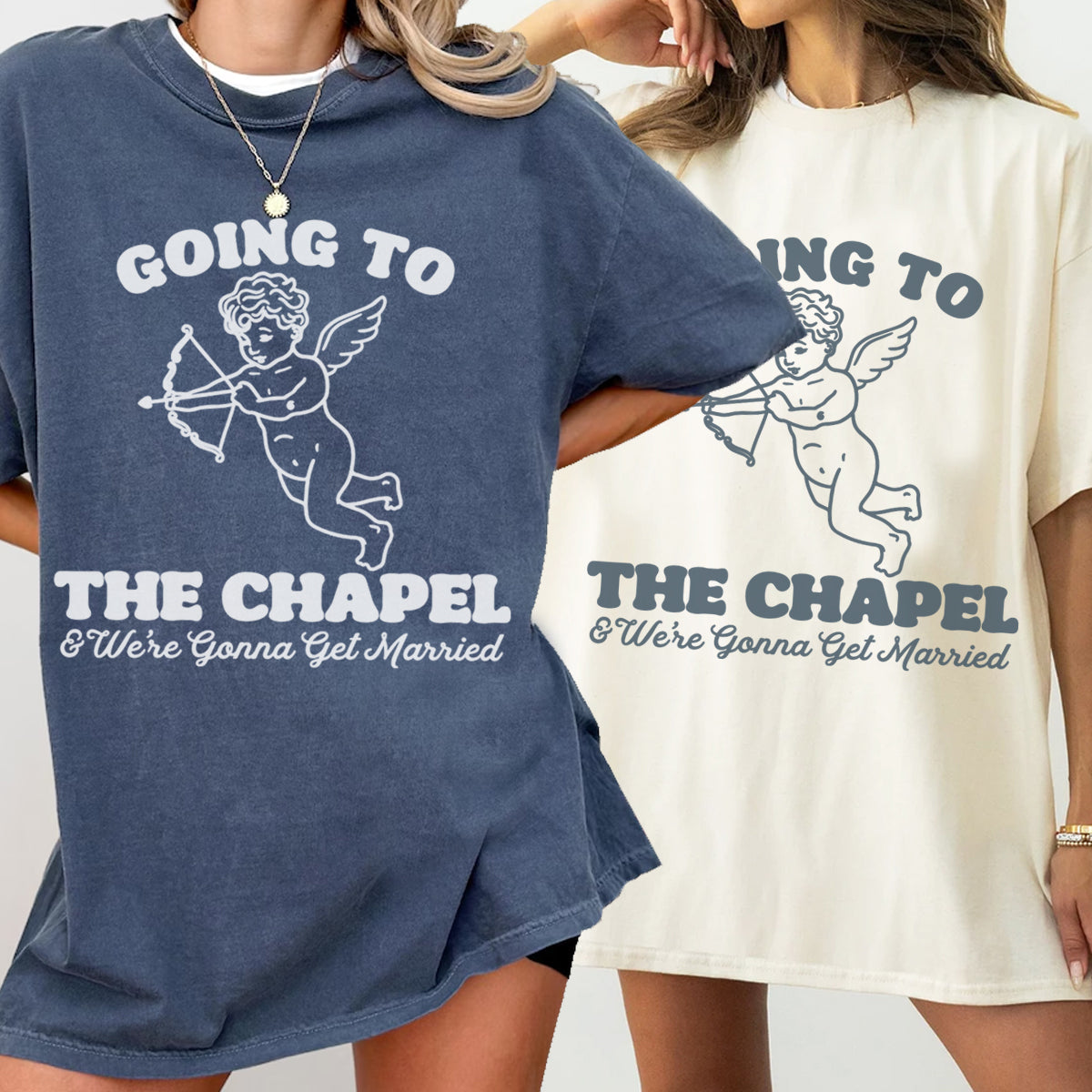 Two people wearing bachelorette t-shirts with a graphic and text about getting married.