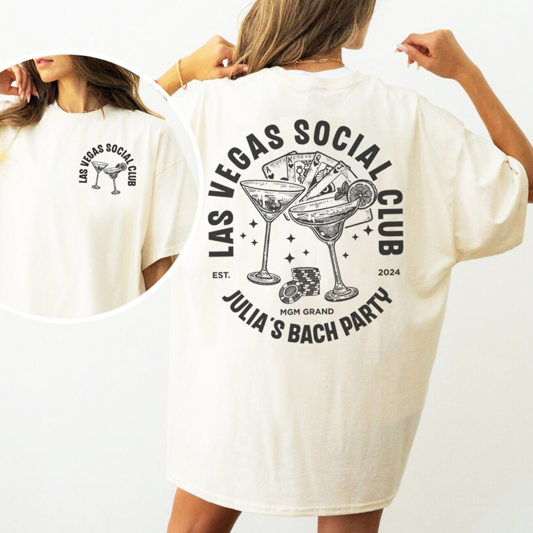 White bachelorette t-shirt with 'Las Vegas Social Club' design on a plain background