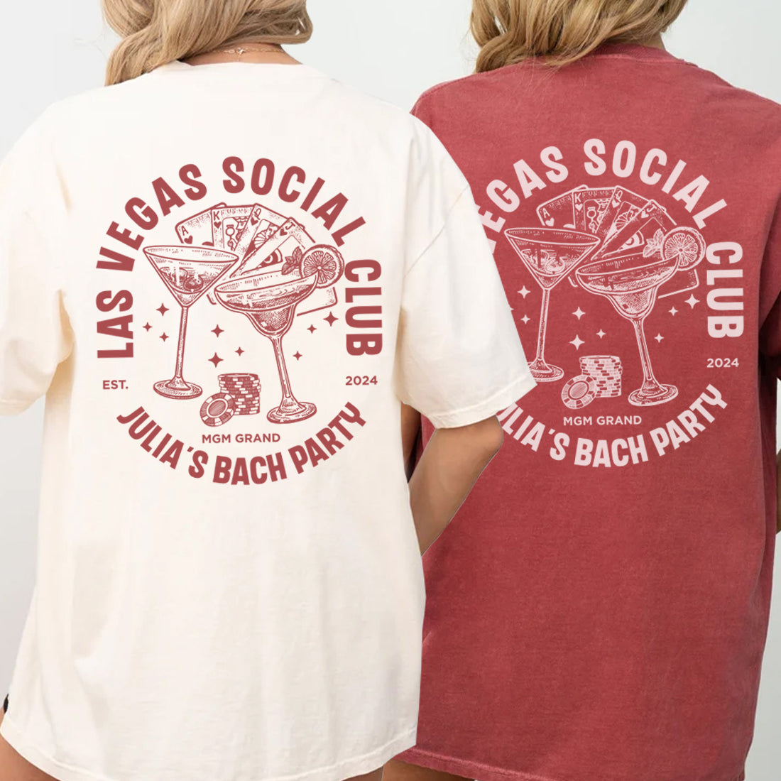 Two bachelorette t-shirts with 'Las Vegas Social Club' design on the back, one white and one red.