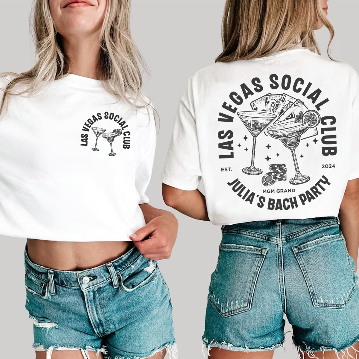 Two people wearing white bachelorette t-shirts with 'Las Vegas Social Club' design, one front-facing and one back-facing.