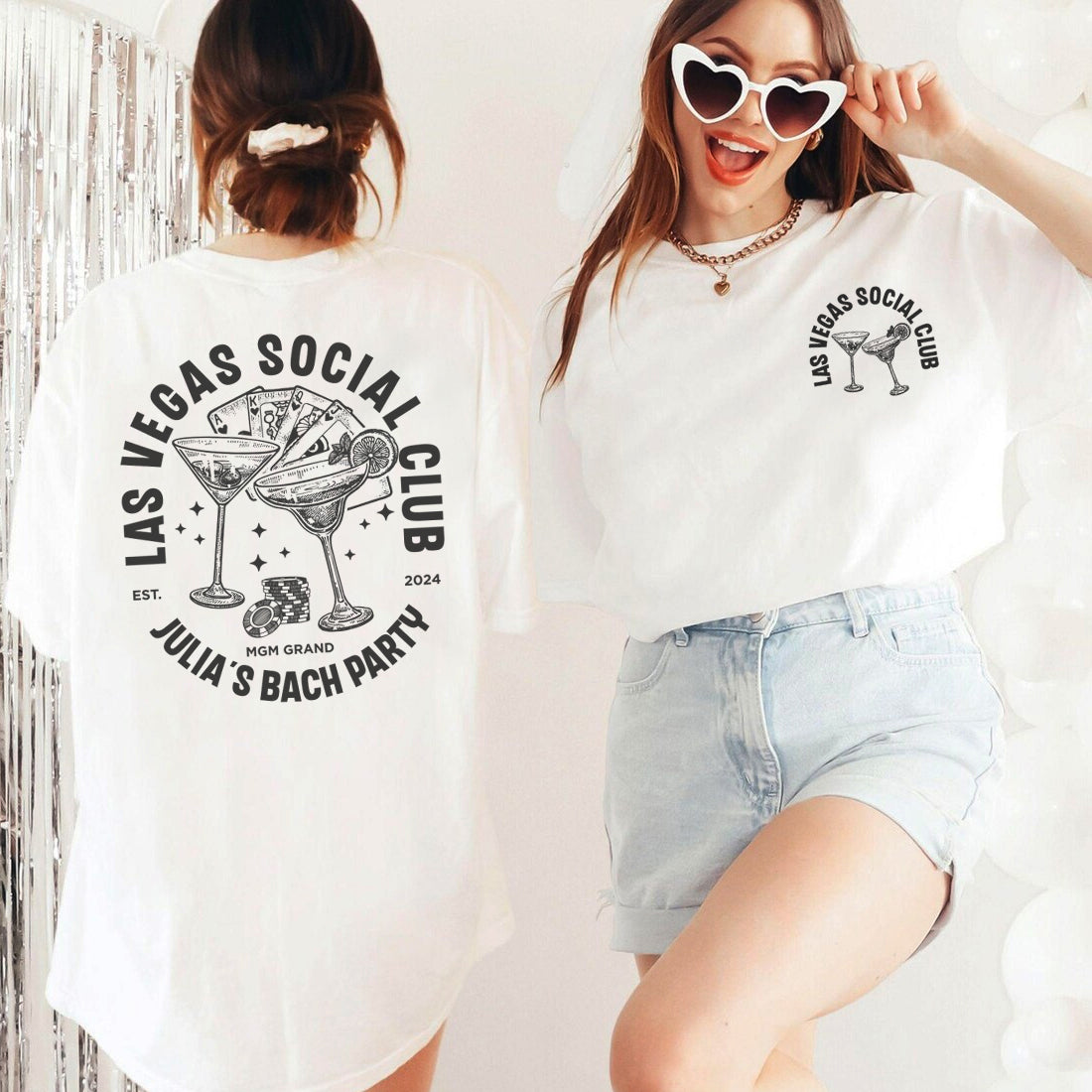 Two people wearing 'Las Vegas Social Club' bachelorette t-shirts with personalized text.