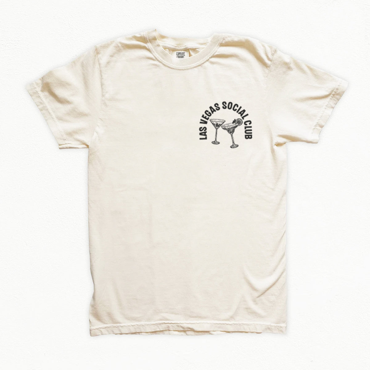 Beige bachelorette t-shirt with 'Las Vegas Social Club' graphic on a white background