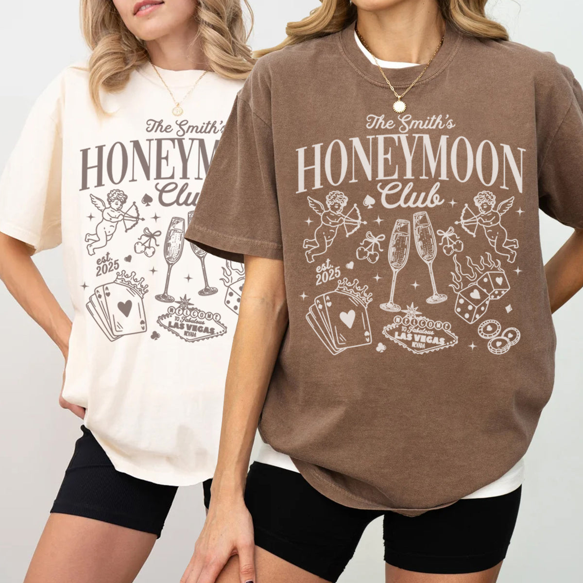 Two people wearing bachelorette t-shirts with 'Honeymoon Club' designs on a plain background