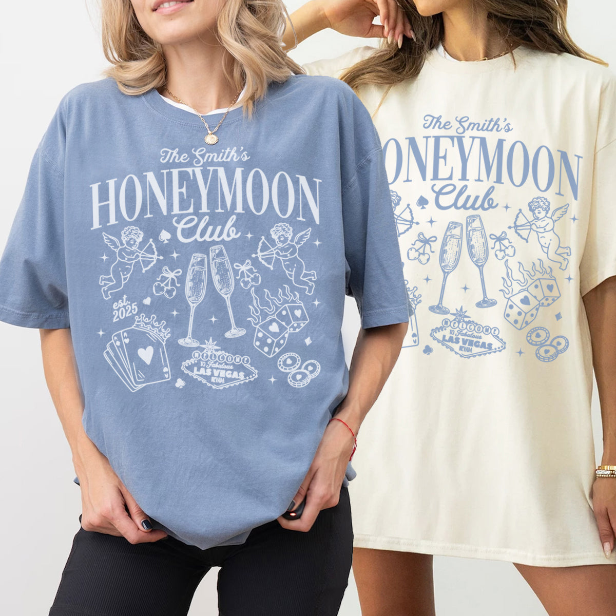 Two people wearing bachelorette t-shirts with 'Honeymoon Club' designs on a plain background