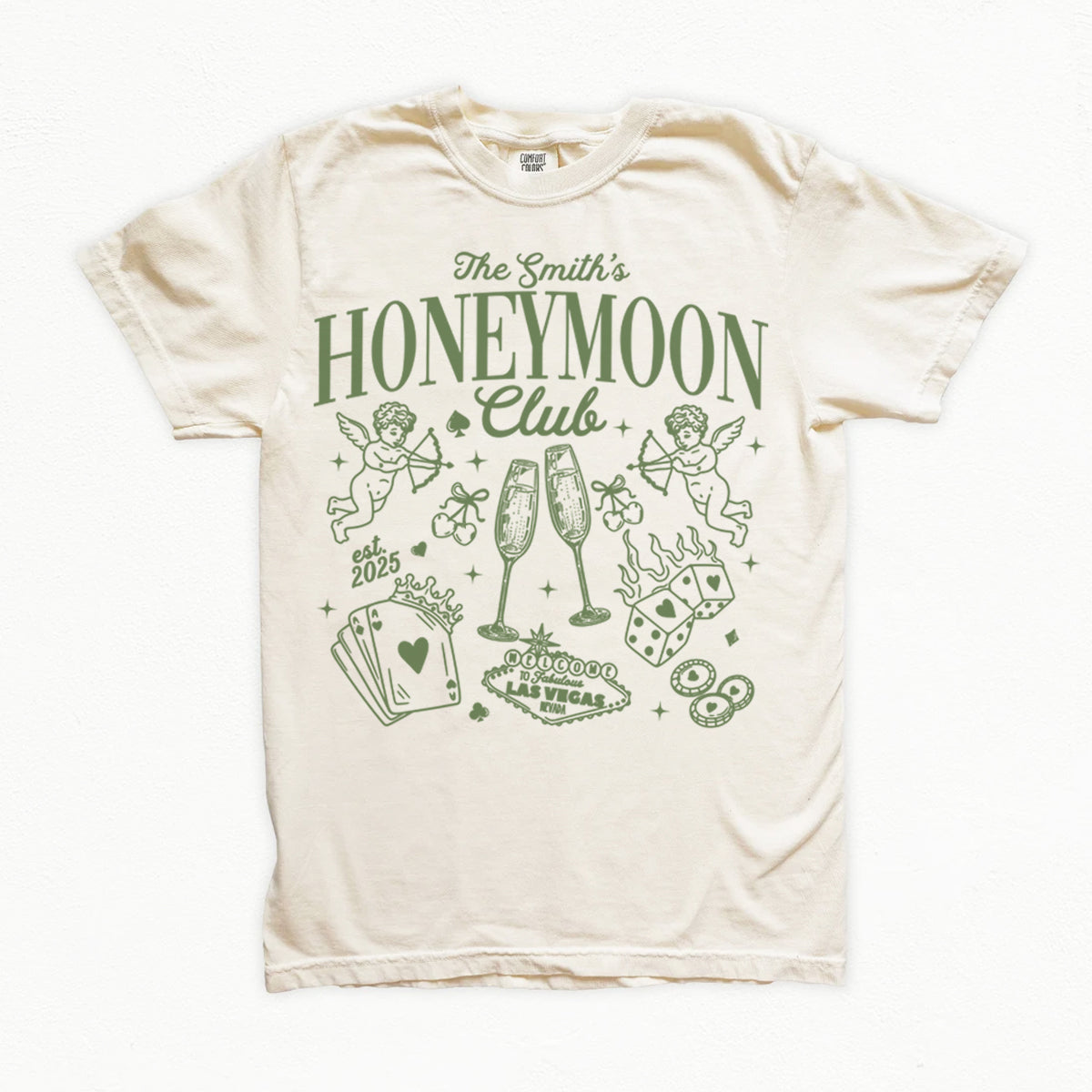 Beige bachelorette t-shirt with green 'Honeymoon Club' design on a white background