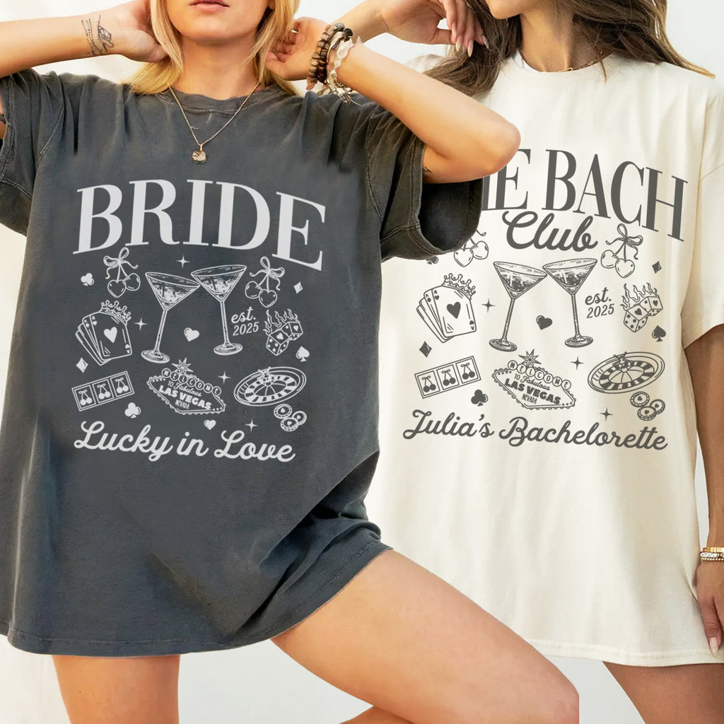 Two women wearing bachelorette t-shirts with 'BRIDE' and 'BACH Club' designs.