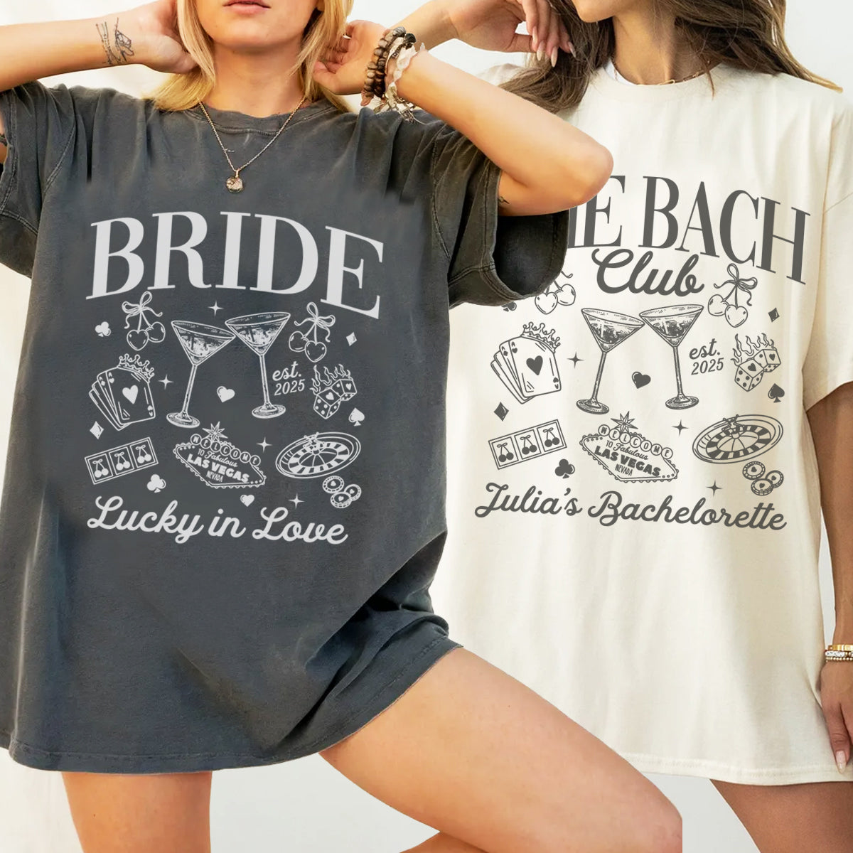 Two women wearing bachelorette t-shirts with 'BRIDE' and 'BACH Club' designs.