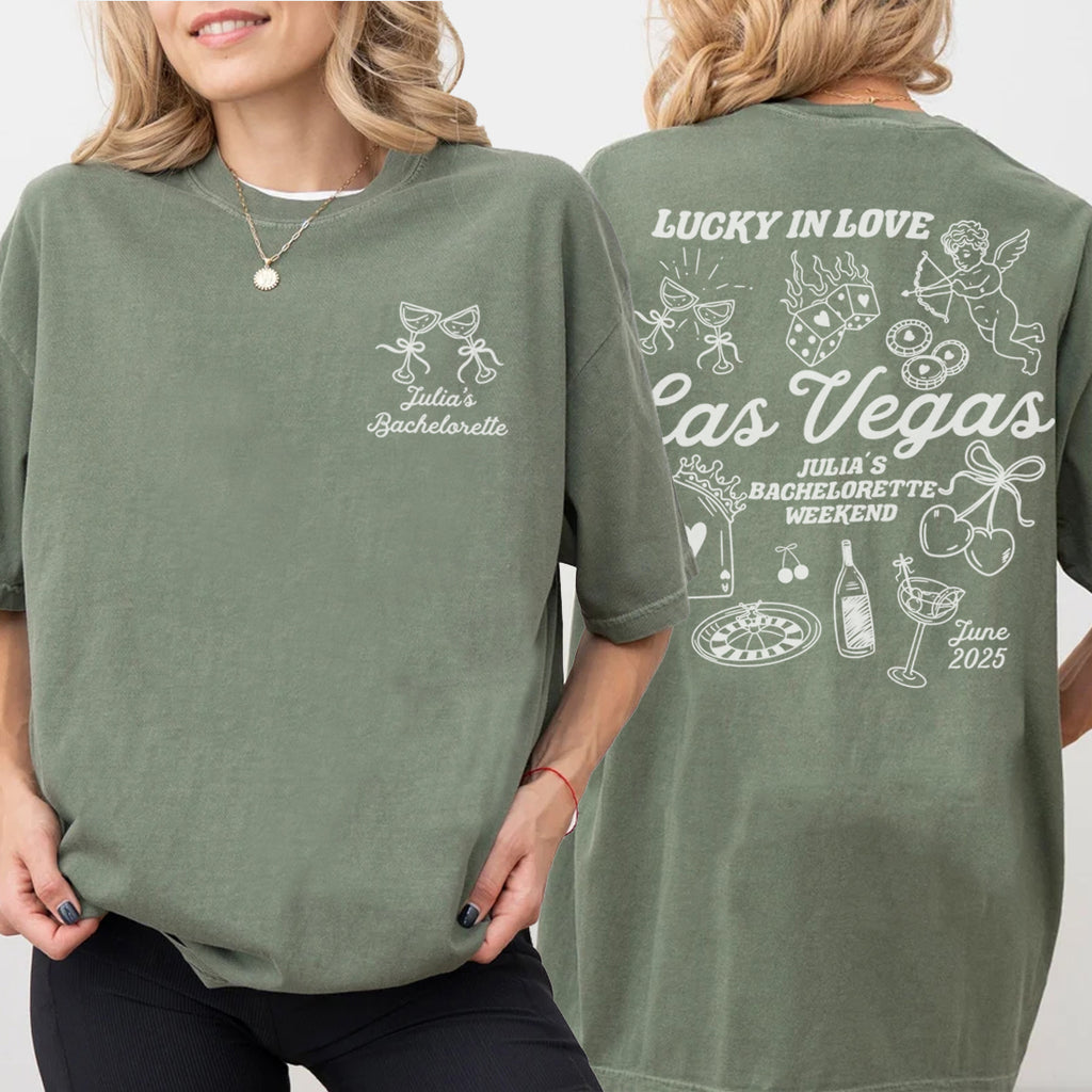 Green bachelorette t-shirt with 'Lucky in Love Las Vegas' design on a white background