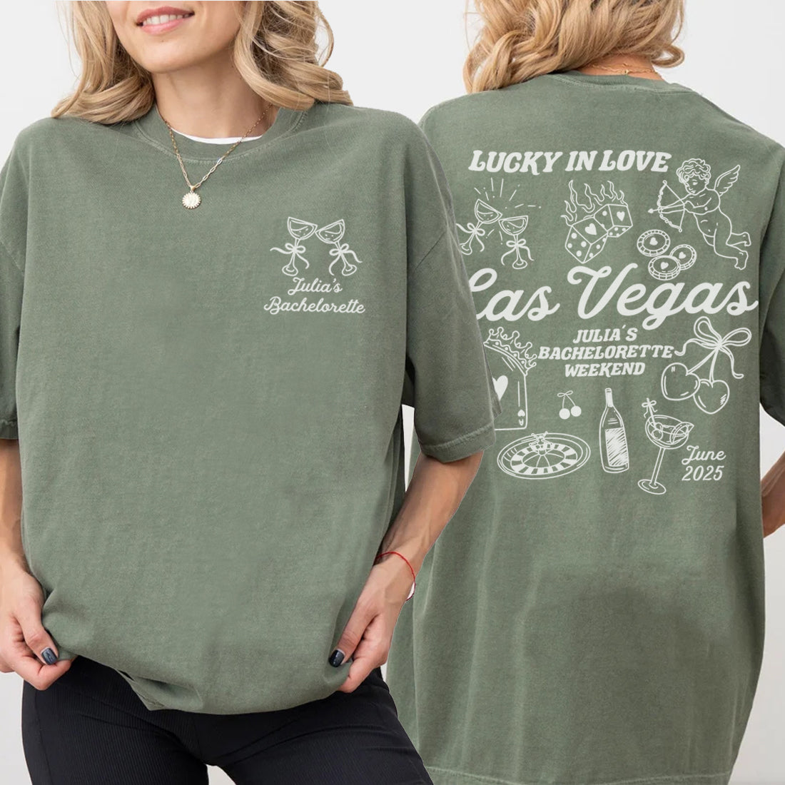 Green bachelorette t-shirt with 'Lucky in Love Las Vegas' design on a white background