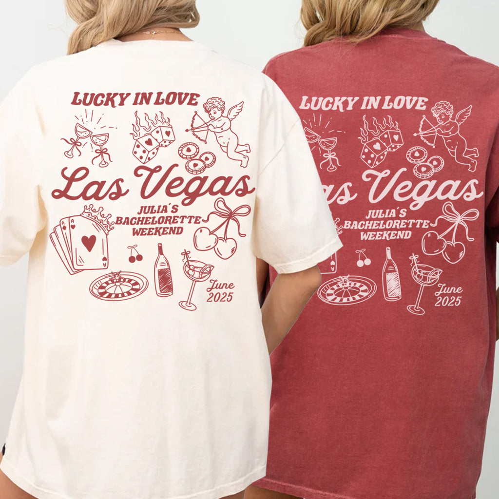 Two bachelorette t-shirts with 'Las Vegas' and 'Lucky in Love' text, featuring graphics and text on the back.