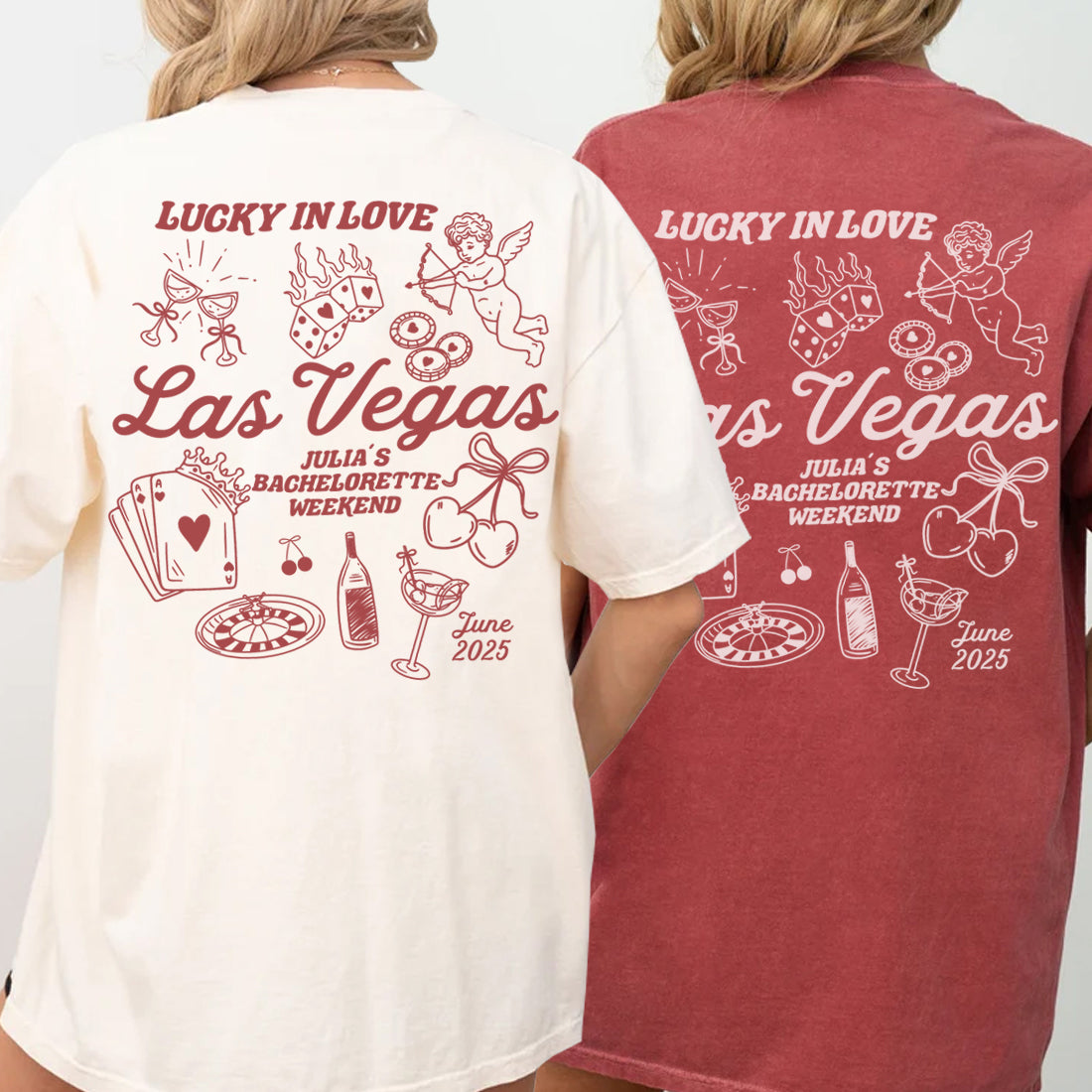 Two bachelorette t-shirts with 'Las Vegas' and 'Lucky in Love' text, featuring graphics and text on the back.