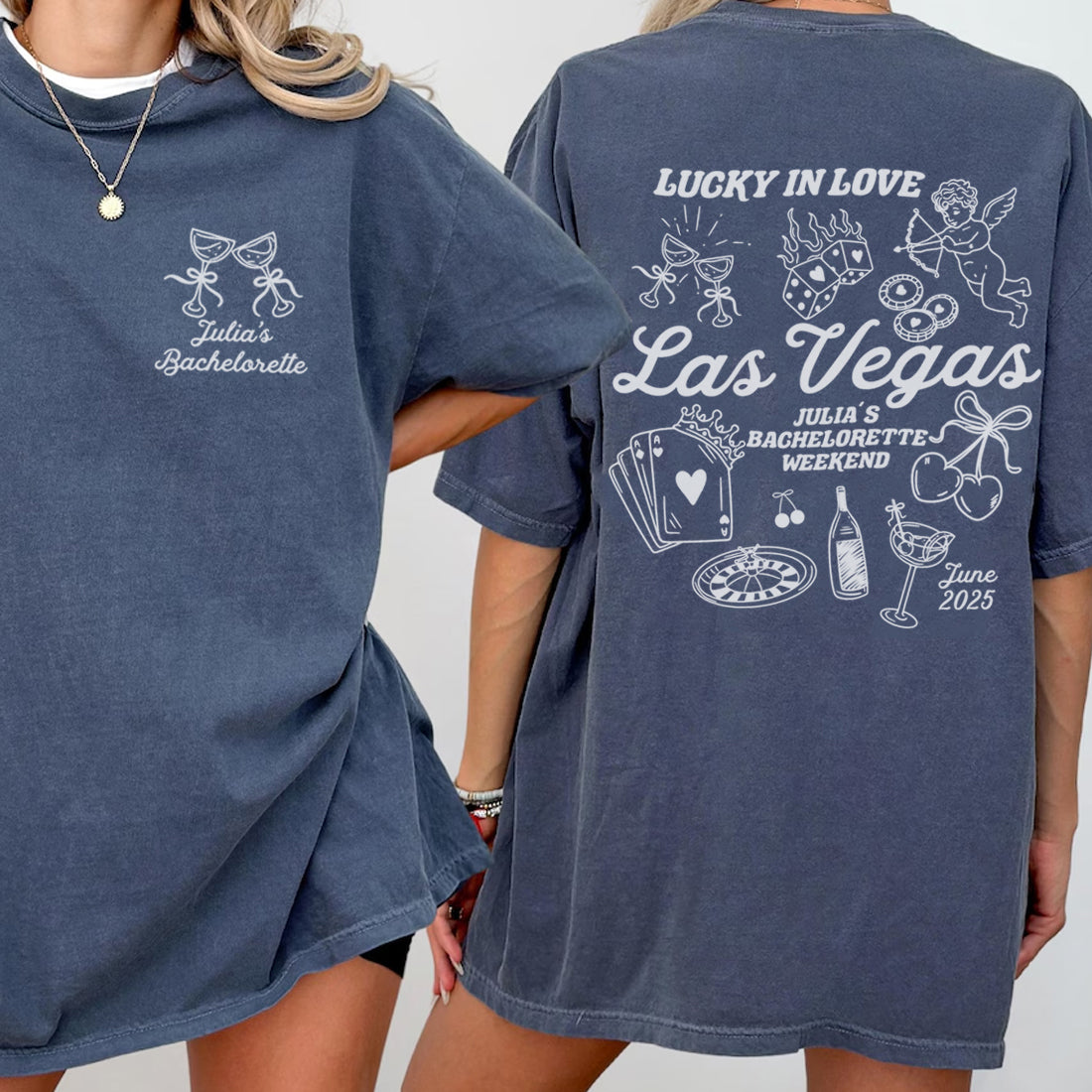 Two blue bachelorette t-shirts with Las Vegas-themed designs on a plain background