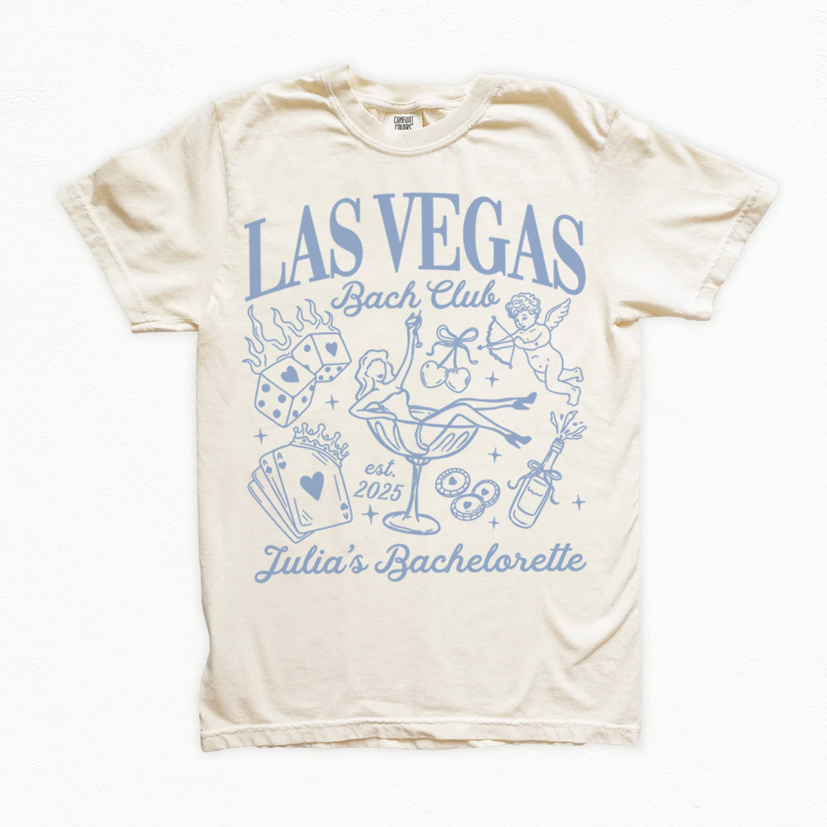 Beige bachelorette t-shirt with blue Las Vegas-themed graphics and text on a white background