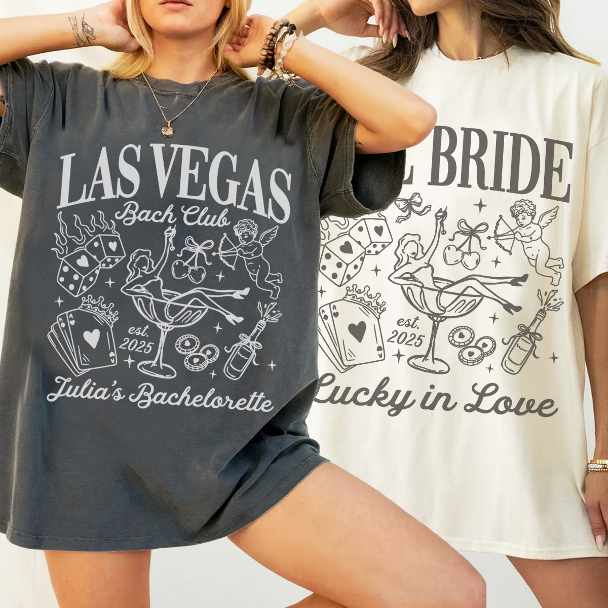Two women wearing bachelorette t-shirts with 'Las Vegas Bach Club' and 'Bride' designs.