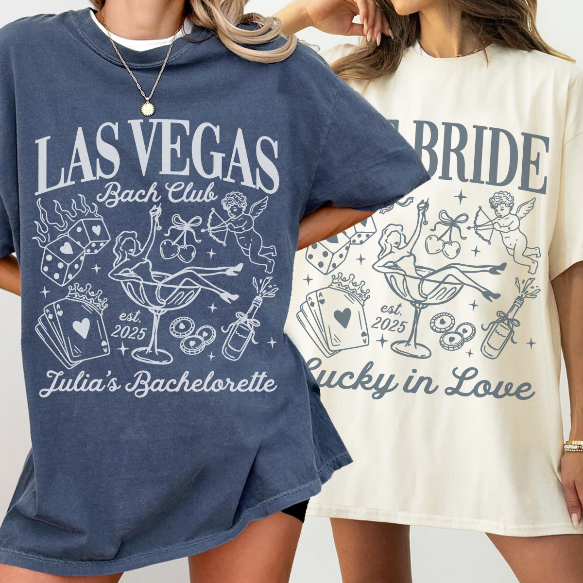 Two bachelorette shirts with 'Las Vegas Bach Club' and 'Bride' designs on a plain background