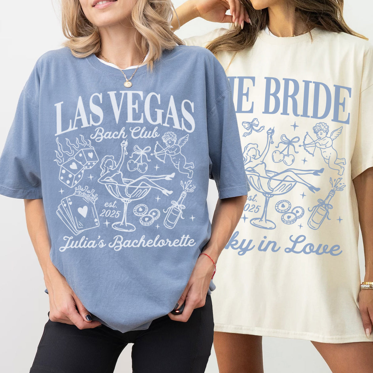 Two people wearing bachelorette t-shirts with 'Las Vegas Bach Club' and 'Bride' text, on a plain background.