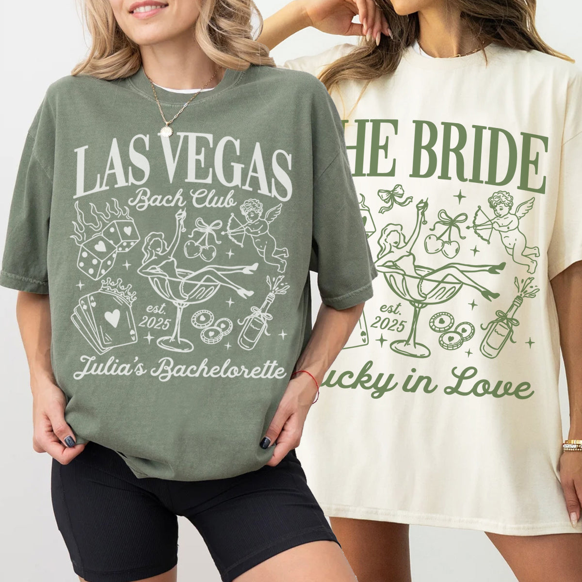 Two women wearing bachelorette t-shirts with 'Las Vegas Bach Club' and 'The Bride' designs.