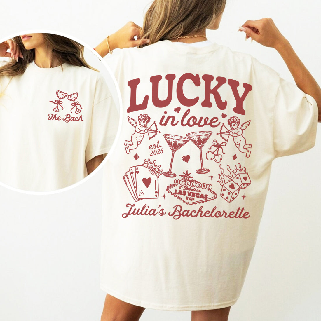 White bachelorette t-shirt with red 'Lucky in Love' and 'Julia's Bachelorette' text and graphics on a white background