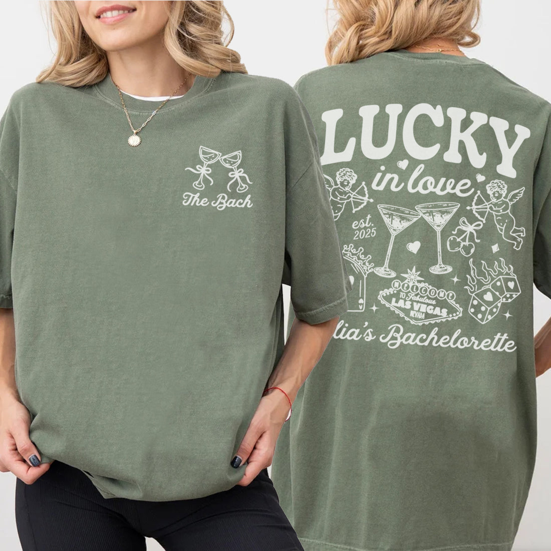 Green bachelorette t-shirt with 'LUCKY in love' design on a white background