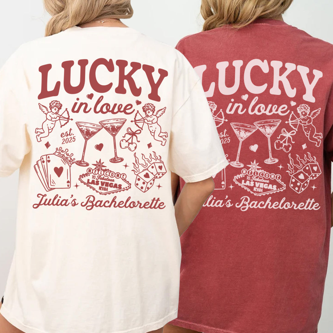 Two bachelorette t-shirts with 'LUCKY in love' design on the back, one white and one red.
