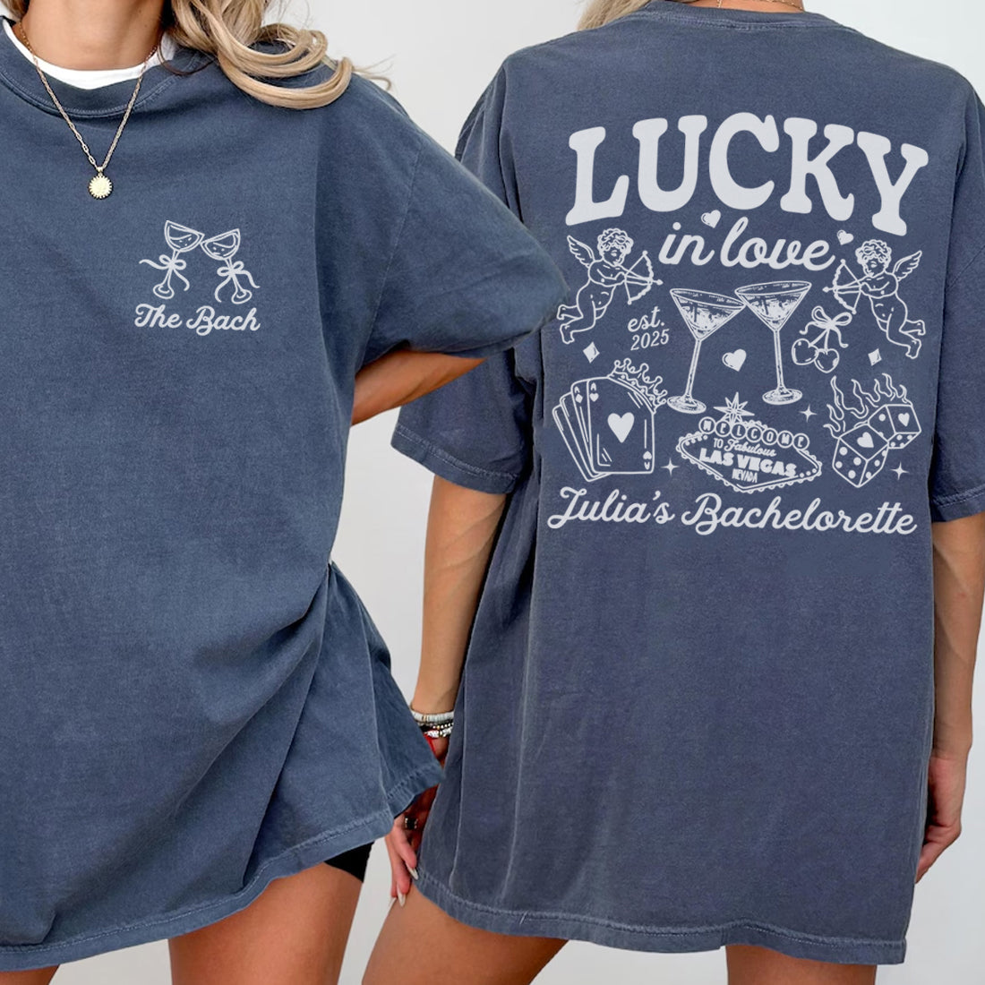 Two blue bachelorette t-shirts, one with 'The Bach' design on the front and 'LUCKY in love' design on the back, worn by a person.
