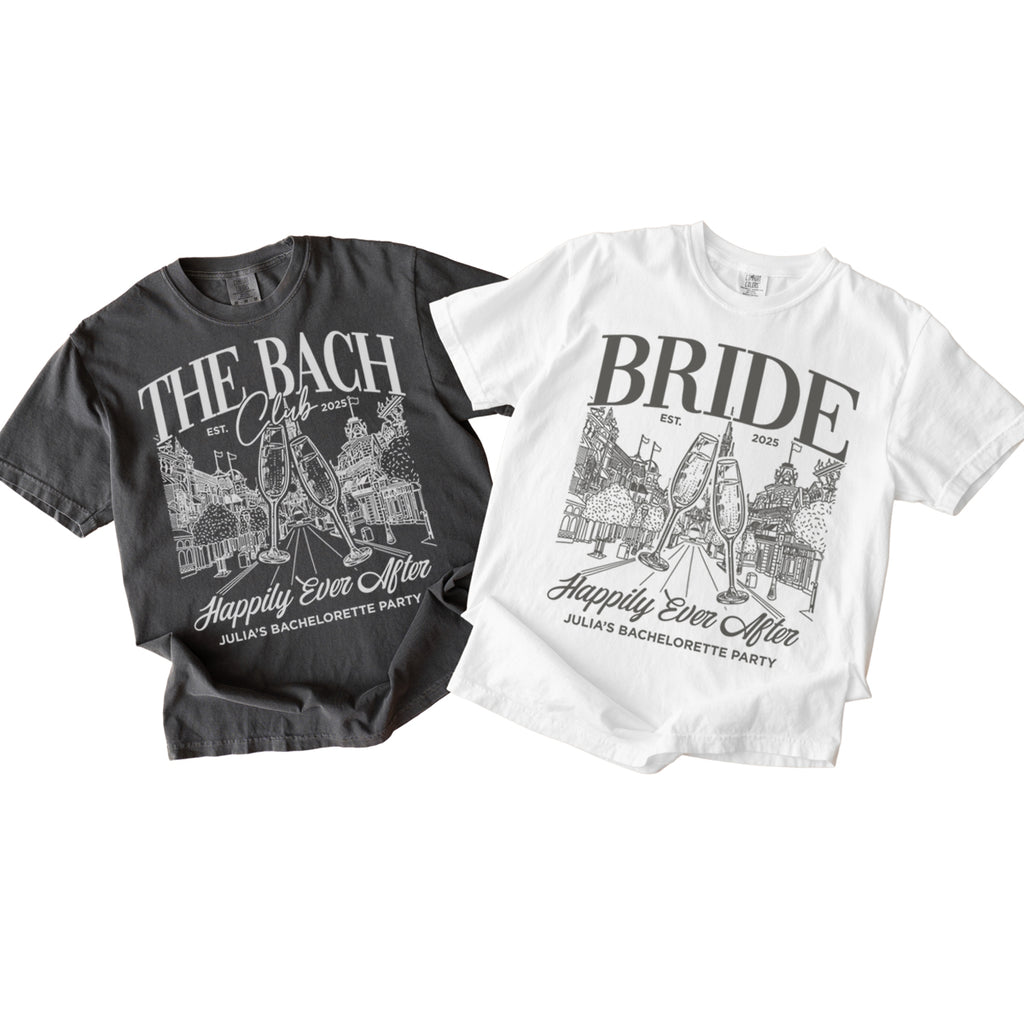 Two bachelorette t-shirts, one gray and one white, with 'The Bach Club' and 'Bride' text and graphics on a white background.