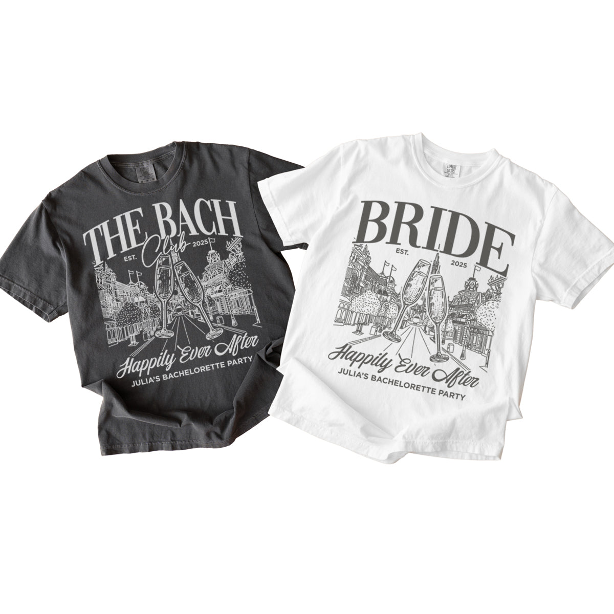 Two bachelorette t-shirts, one gray and one white, with 'The Bach Club' and 'Bride' text and graphics on a white background.